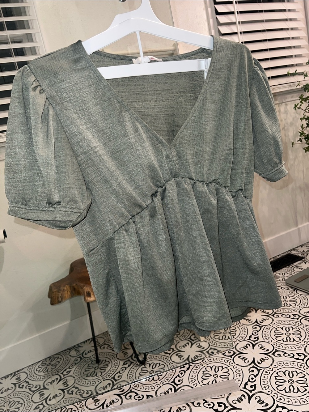Gathered V-Neck Peplum Tunic in Sage Green